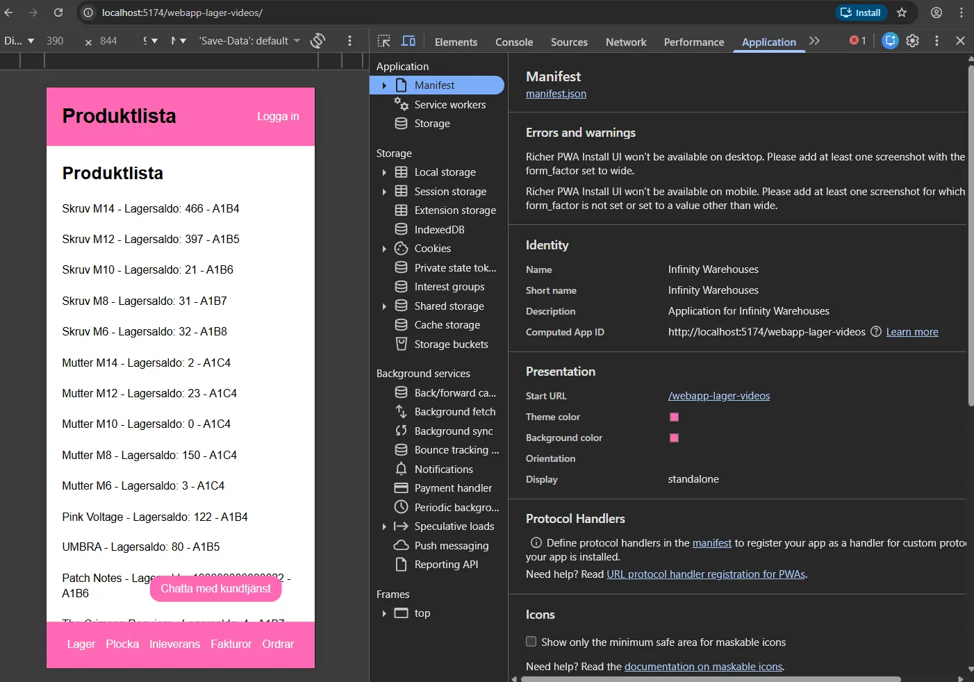 Application delen av Chrome Dev Tools