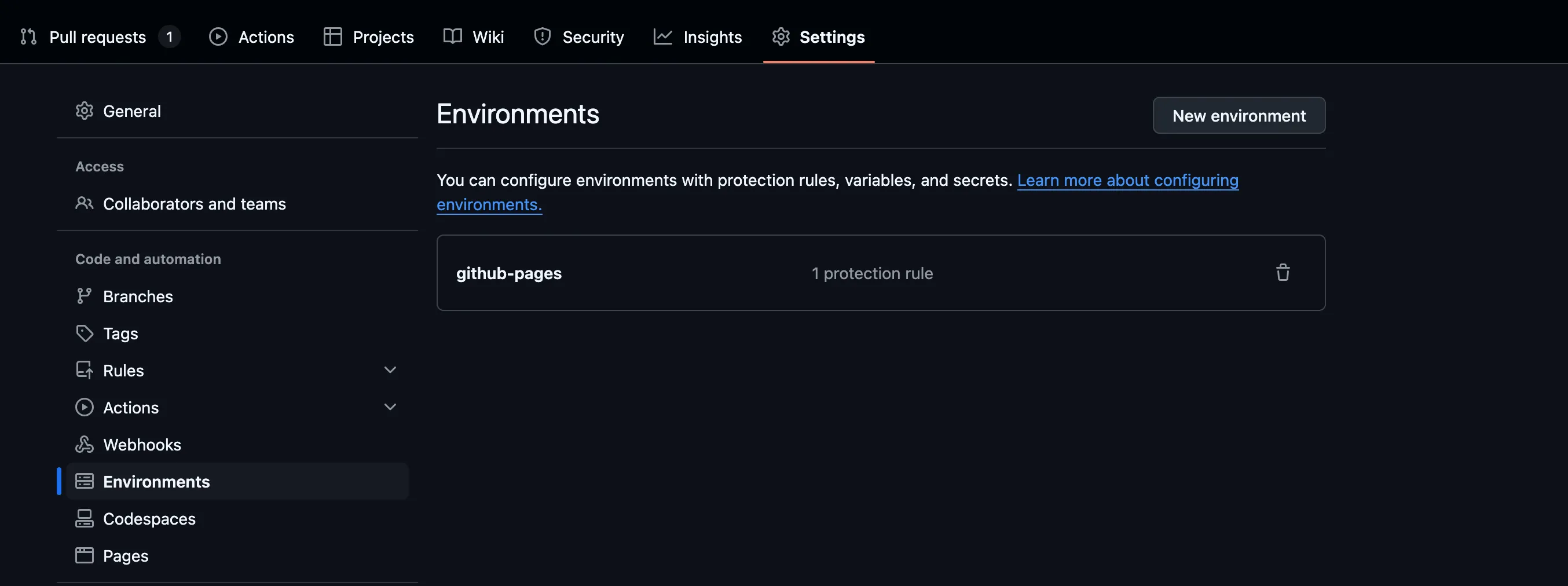 Image showing Environments in GitHub
