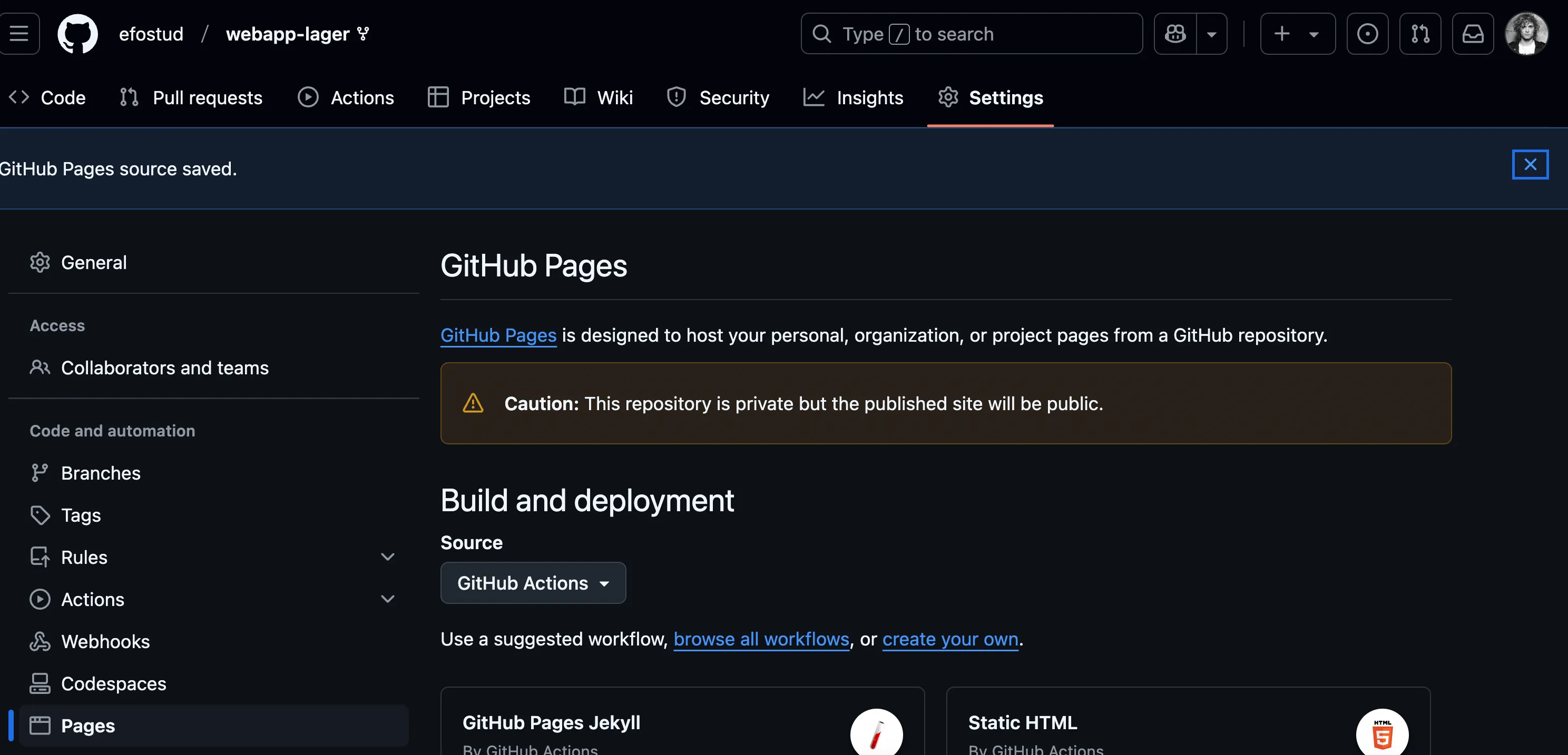 Enable GitHub Actions for GitHub Pages source