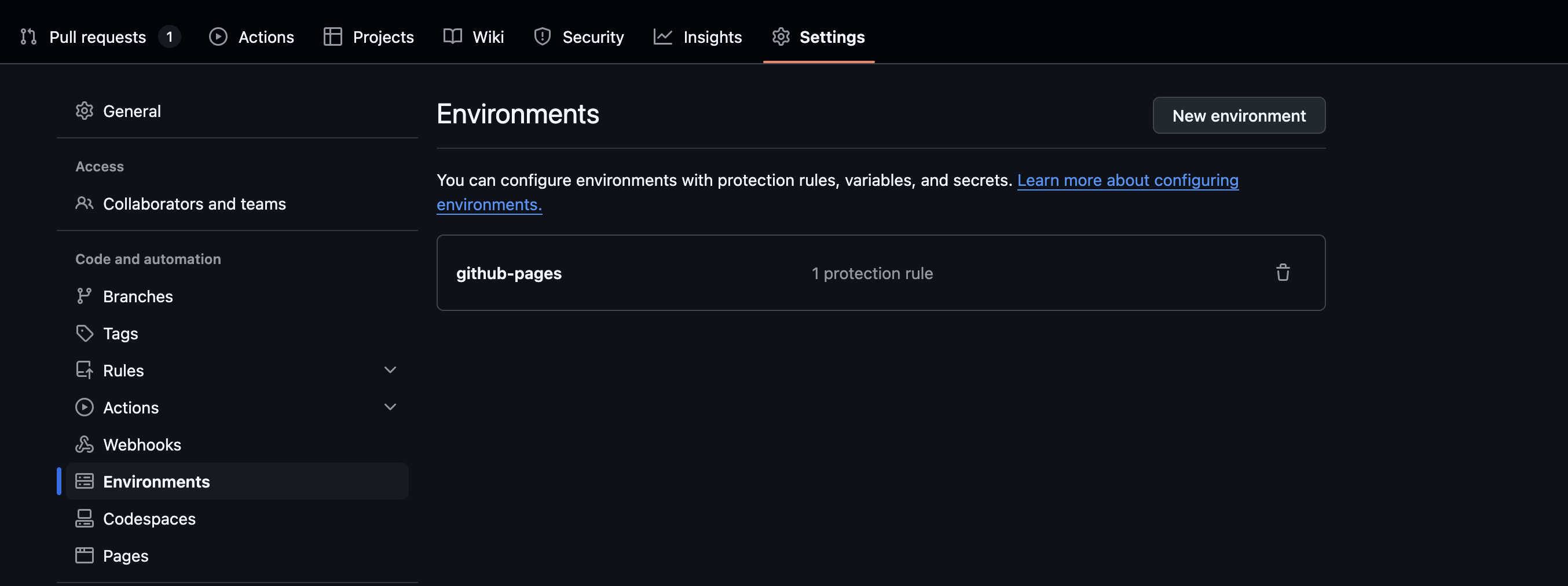 Image showing Environments in GitHub