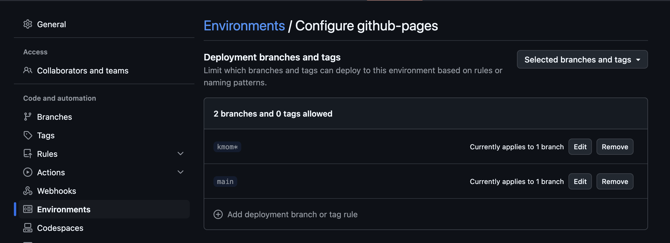 Image showing adding deployment branches
